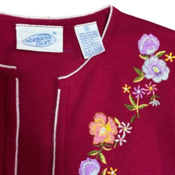 Northern Isles Vintage Red Embroidered Floral Open Cardigan Size Small - Picture 2 of 5